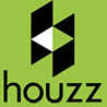 Houzz logo with black geometric house icon on a green background