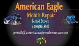 American Eagle Mobile Repair ad with blue trucks, Jerrod Brown, phone number, and email on dark background