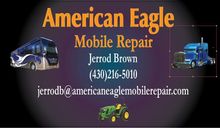 American Eagle Mobile Repair ad with blue trucks, Jerrod Brown, phone number, and email on dark background