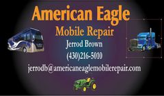 American Eagle Mobile Repair ad with blue trucks, Jerrod Brown, phone number, and email on dark background