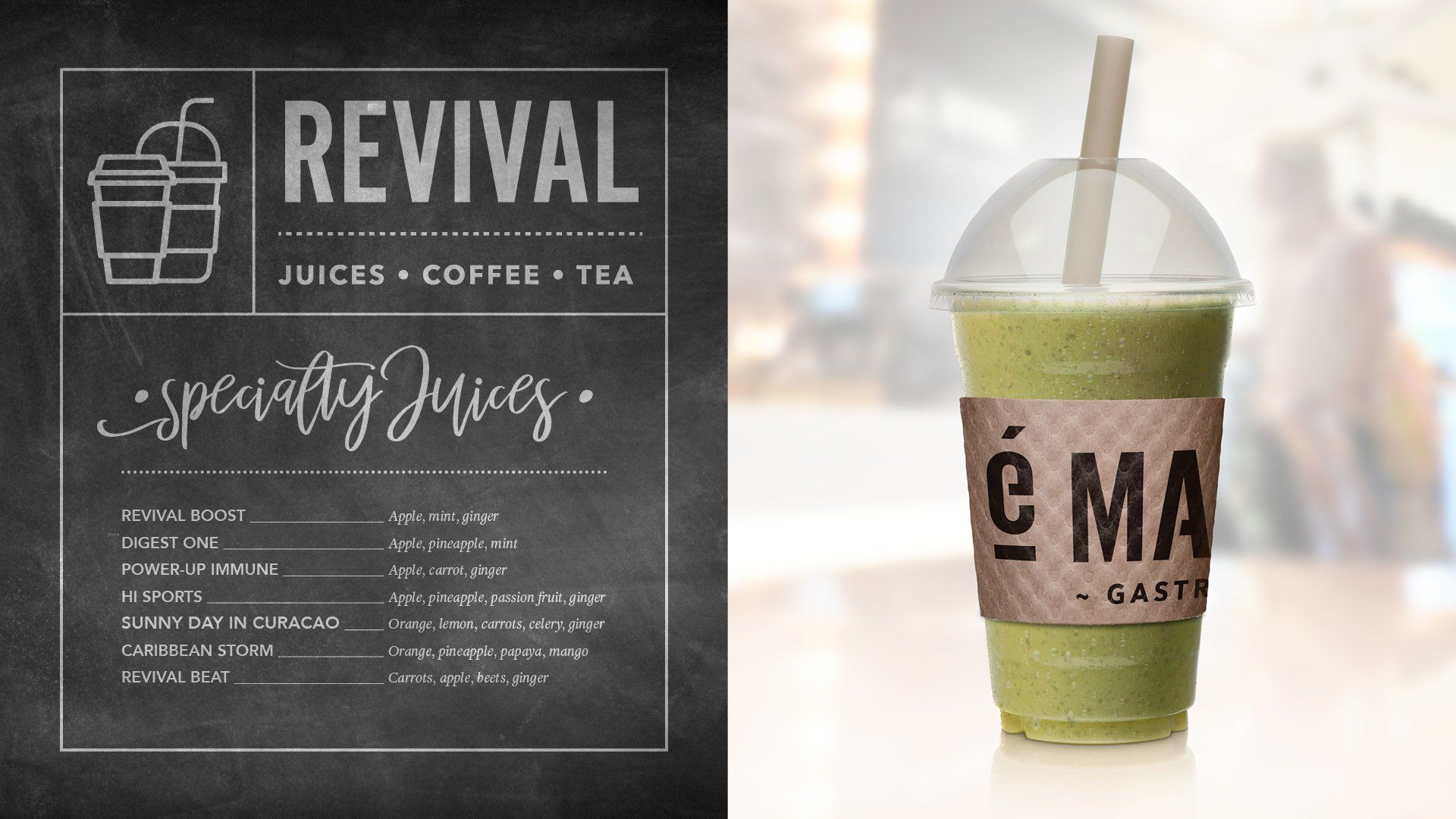 éMarshe - Gastro Hall menu board / smoothie cup