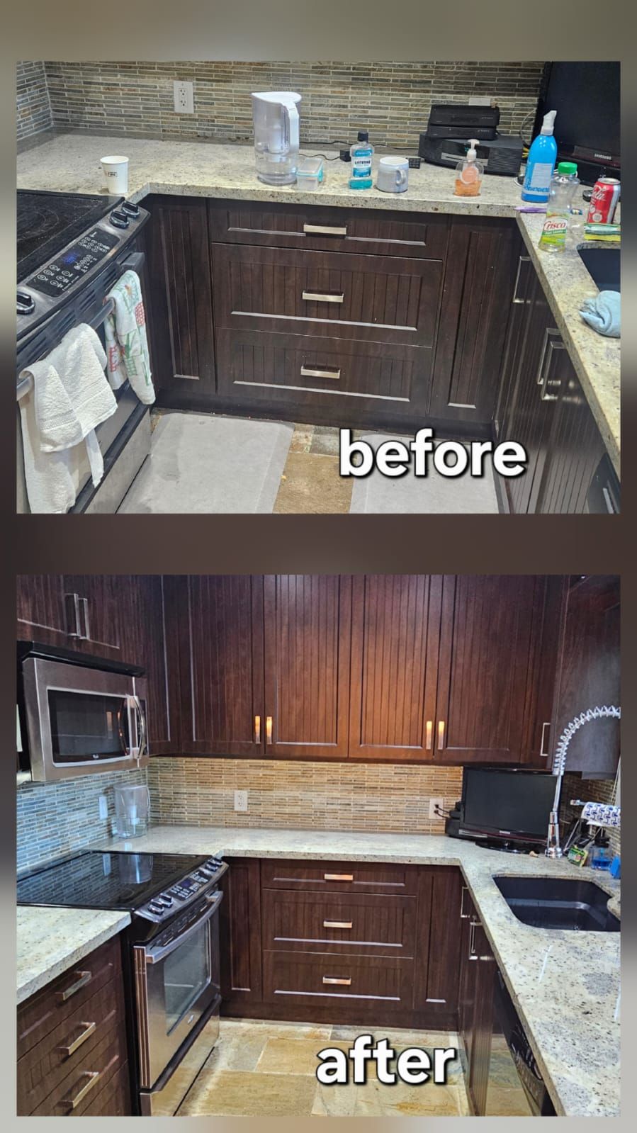 Before-and-after of a kitchen: dark cabinets, countertops, and appliances. The