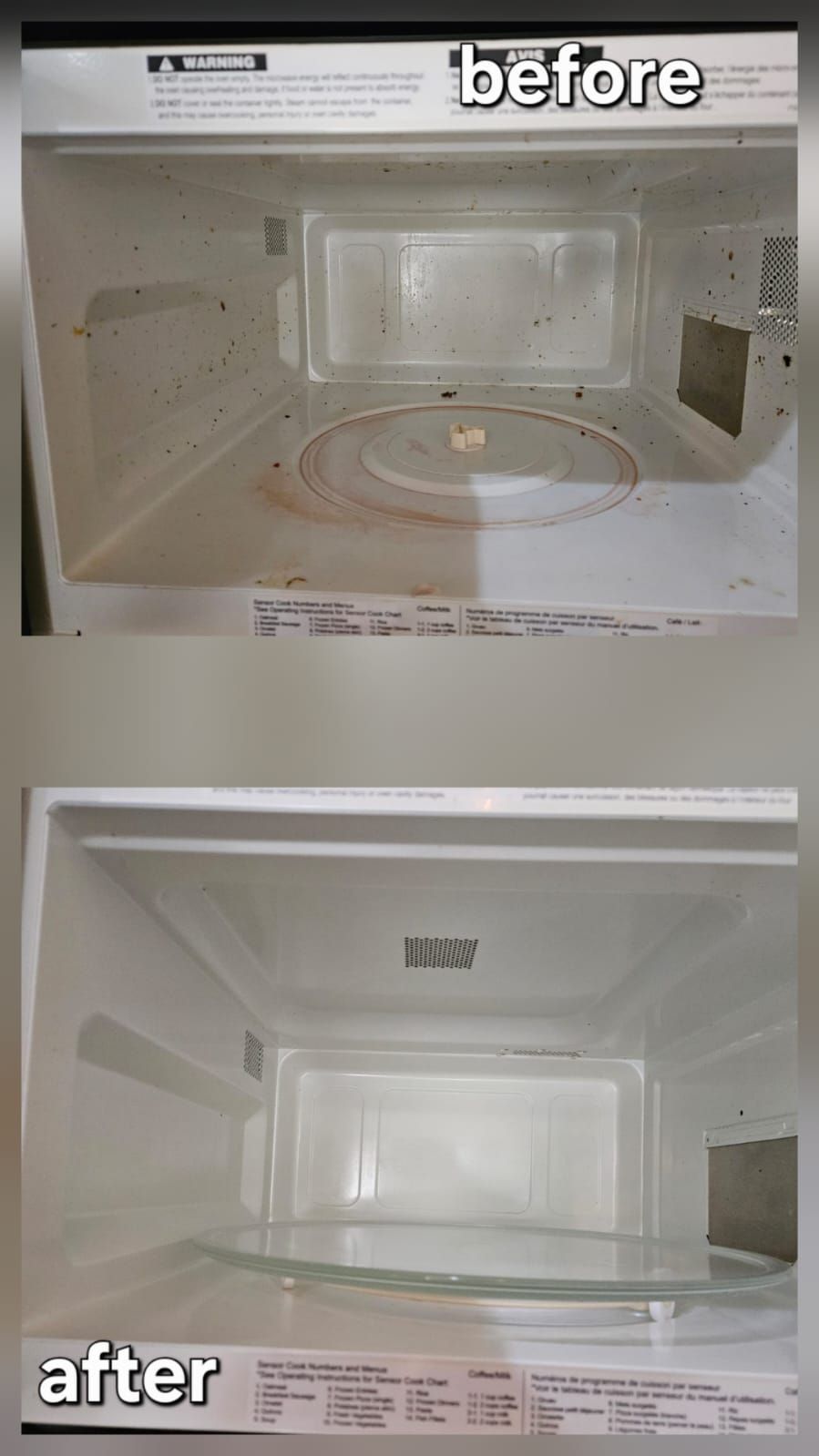 Before and after shots of a microwave interior. The