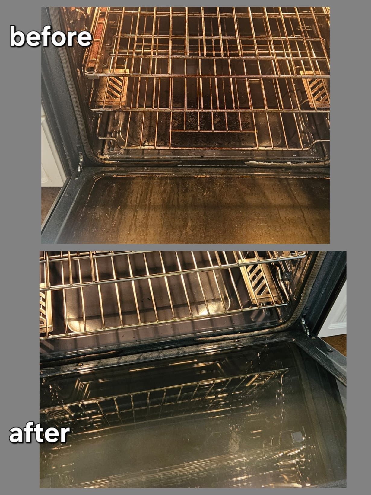 Before and after photos of an oven interior cleaning. Dark oven interior with dirty then clean racks and floor.