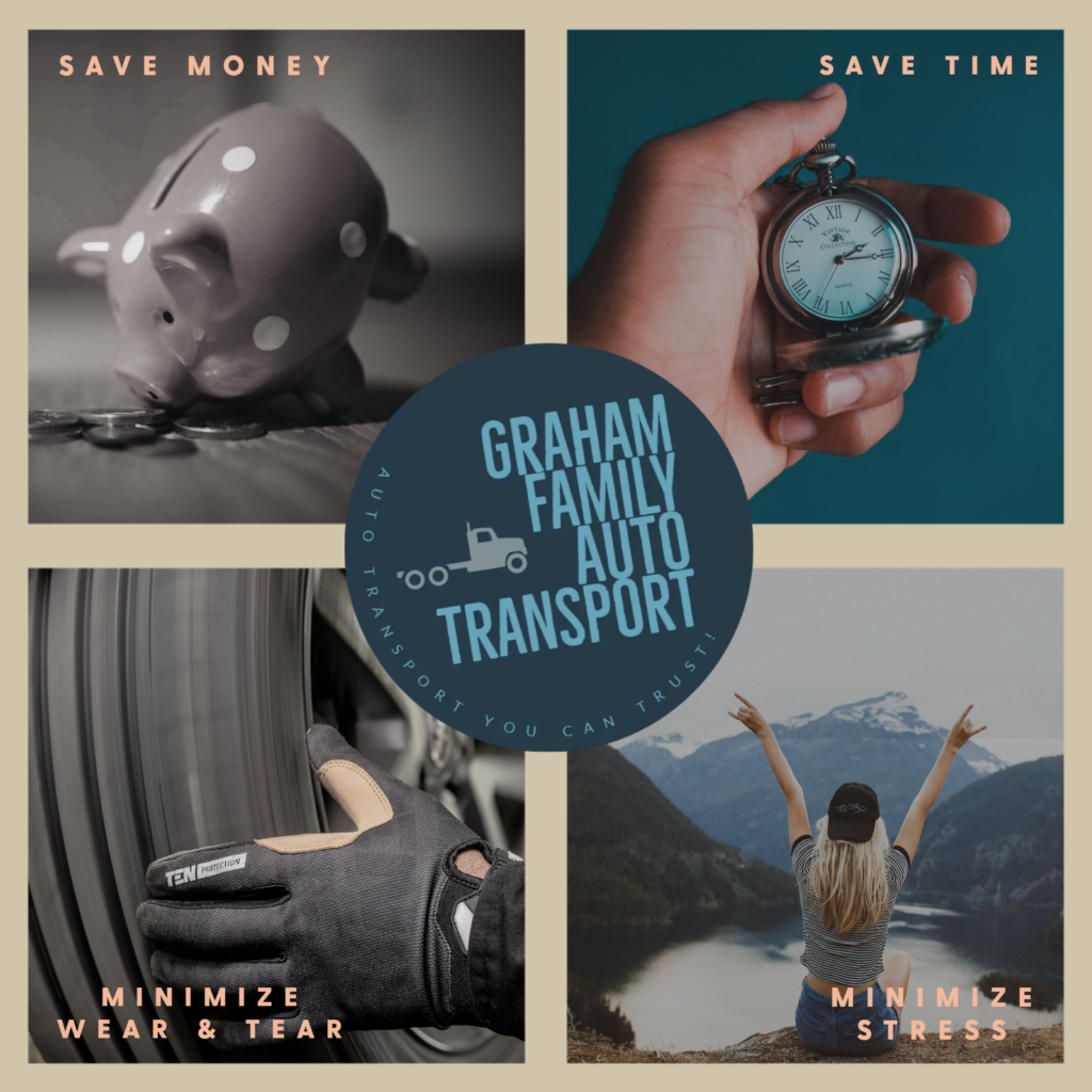 Promotional graphic: Graham Family Auto Transport offers savings: time, money, wear, and stress.