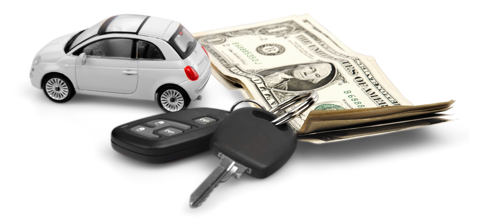 Car with cash, wallet, and car keys, representing car purchase or sale