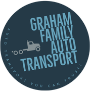 Dark blue circular logo for Graham Family Auto Transport with a small tow truck icon and curved text.