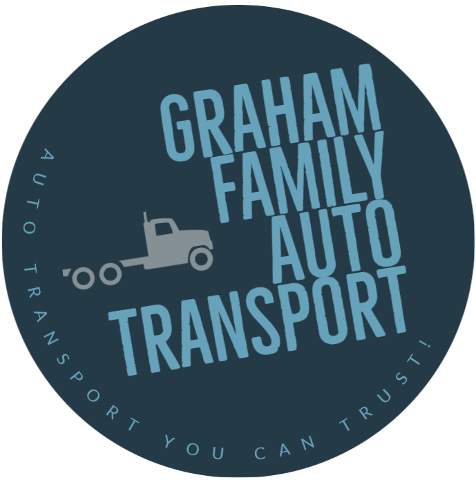 Dark blue circular logo for Graham Family Auto Transport with a small tow truck icon and curved text.