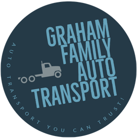 Circular dark blue logo for Graham Family Auto Transport with a small tow truck icon and white text.