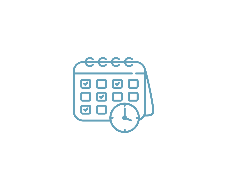 Blue calendar icon with a small clock, suggesting scheduling or an upcoming event