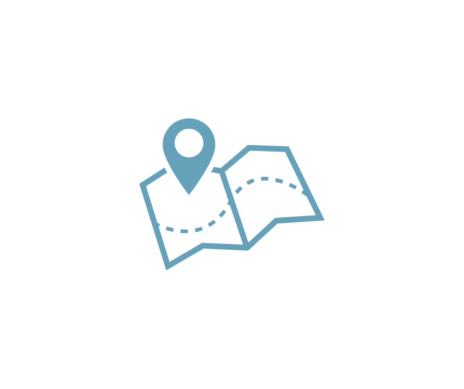 Blue map icon with a location pin and dashed route line