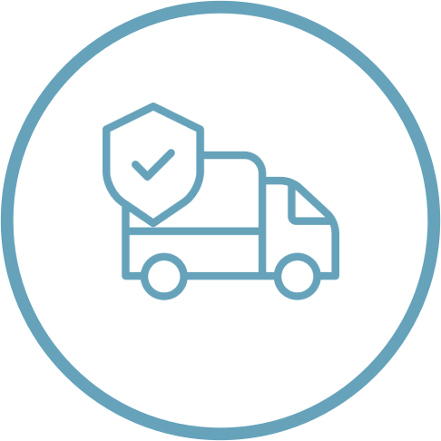 Blue delivery truck with shield and checkmark inside a circle icon