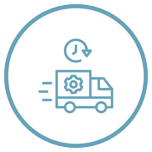 Blue delivery truck icon with a clock and gear inside a circle, suggesting scheduled logistics or service tracking