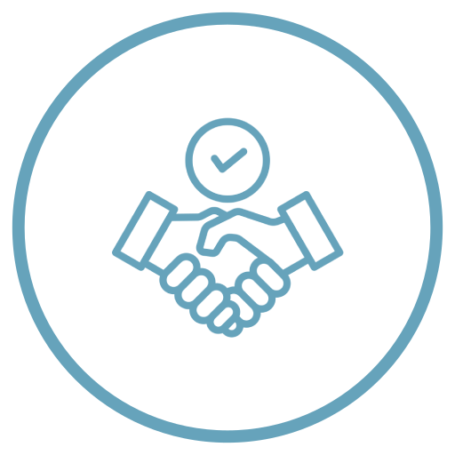 Handshake icon with checkmark inside a blue circle, representing agreement or approval