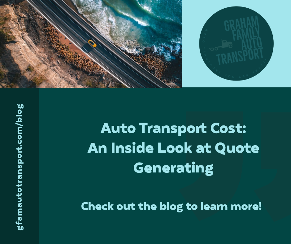 Promotional graphic for Graham Family Auto Transport blog: overhead shot of road, text on auto transport costs.