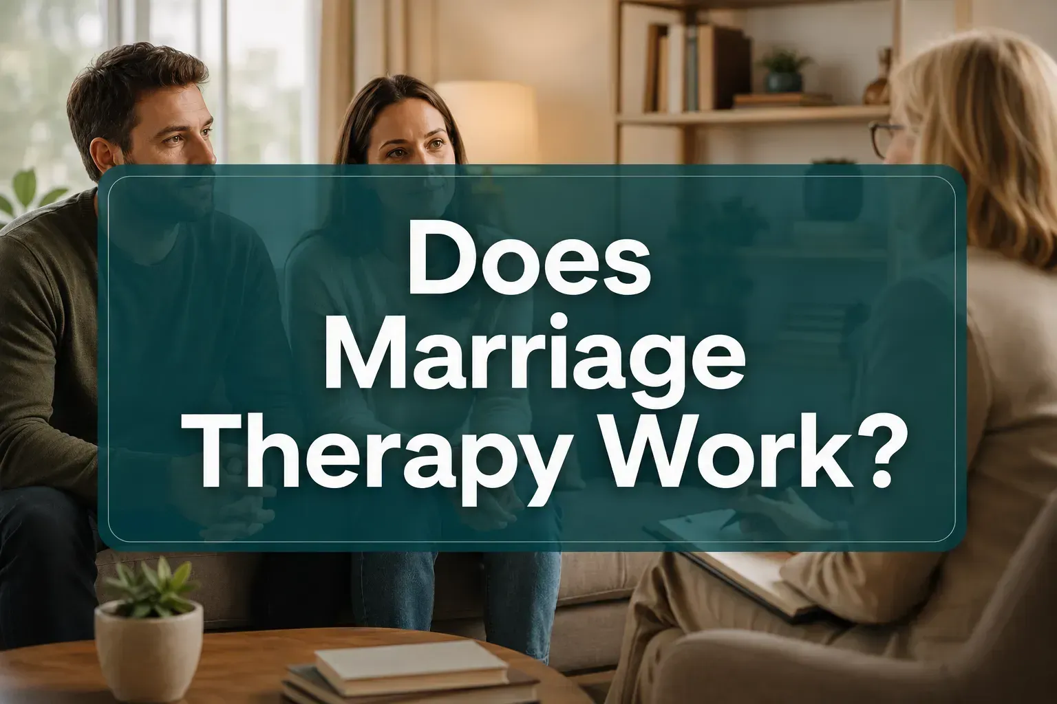 Couple in marriage therapy with bold text: “Does Marriage Therapy Work?”