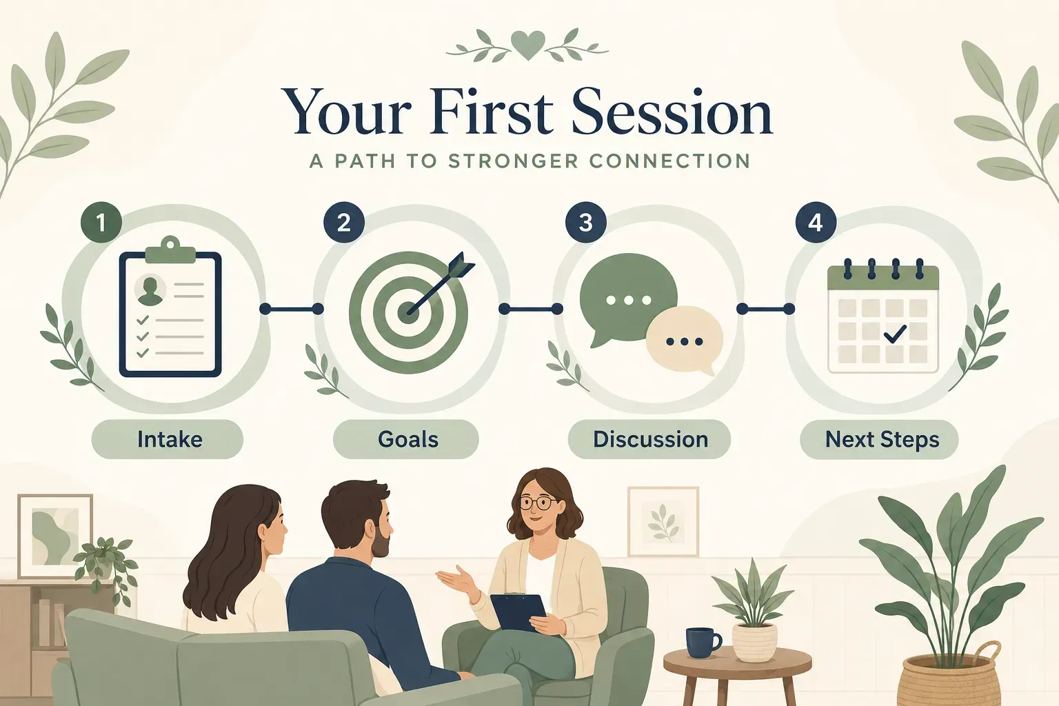 Therapist and client in a cozy couples counseling session, with infographic steps: intake, goals, discussion, and next steps.