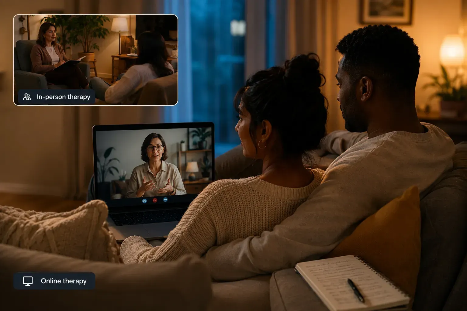 Couple on a couch participating in a online couples therapist session in a warmly lit living room