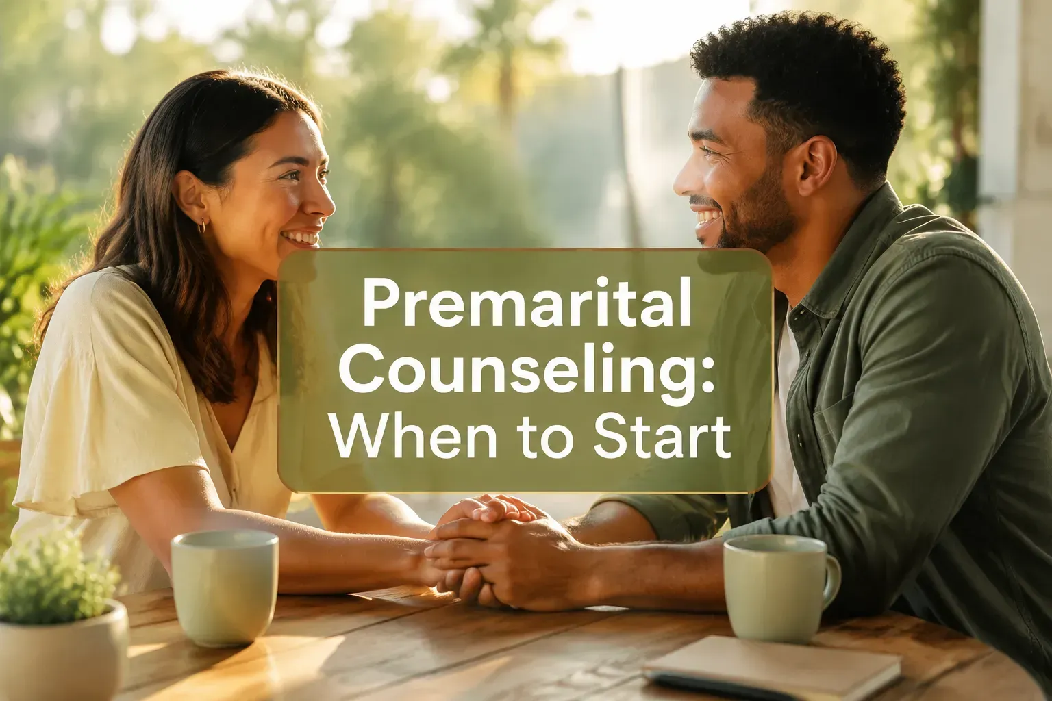 A couple talking at a table with text reading “Premarital Counseling: When to Start”