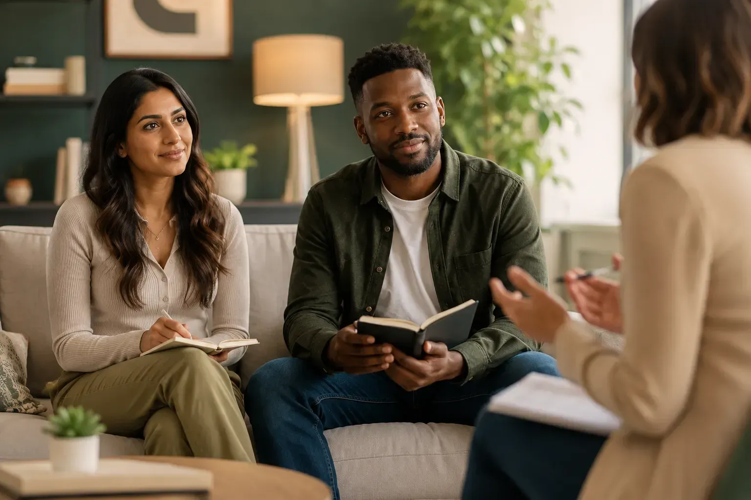 A happy couple in premarital counseling