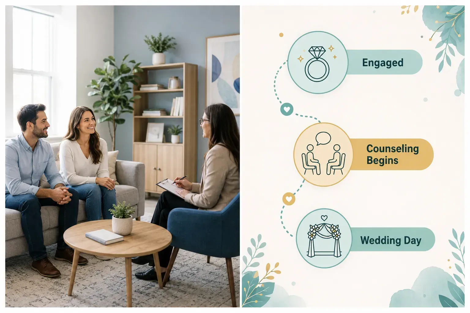 Couple in premarital counseling  with a timeline explaining you should start premarital counseling after getting engaged and before the wedding day 