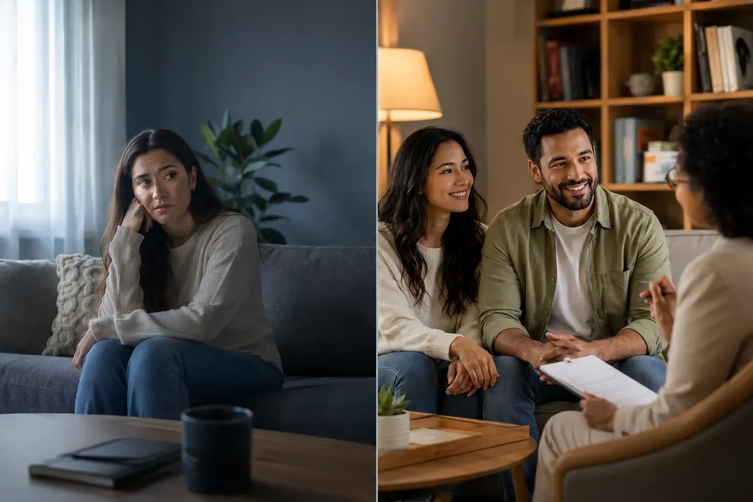 Split-screen: woman on a couch in a dim living room; couple in couples counseling session in a bright room