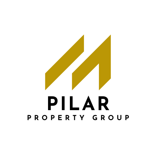 Pilar Property Group logo with gold geometric roof icon and black text on white background