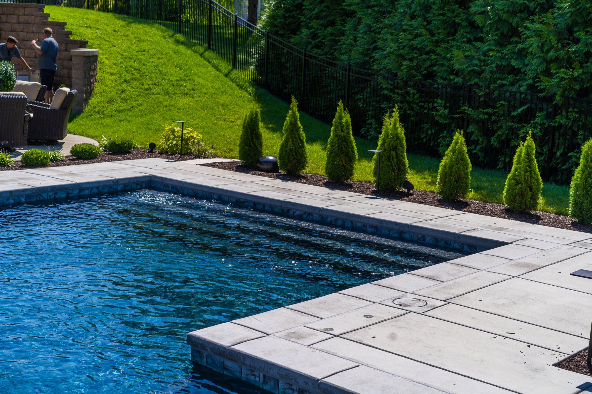 Rectangular pool with crystal clear water and tress background