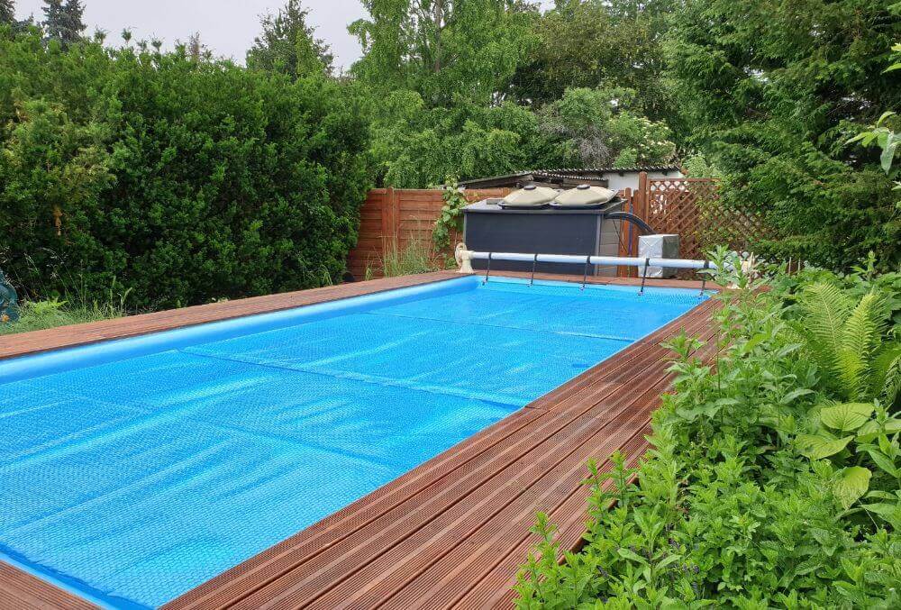 Rectangle pool with cover in preparation for winter
