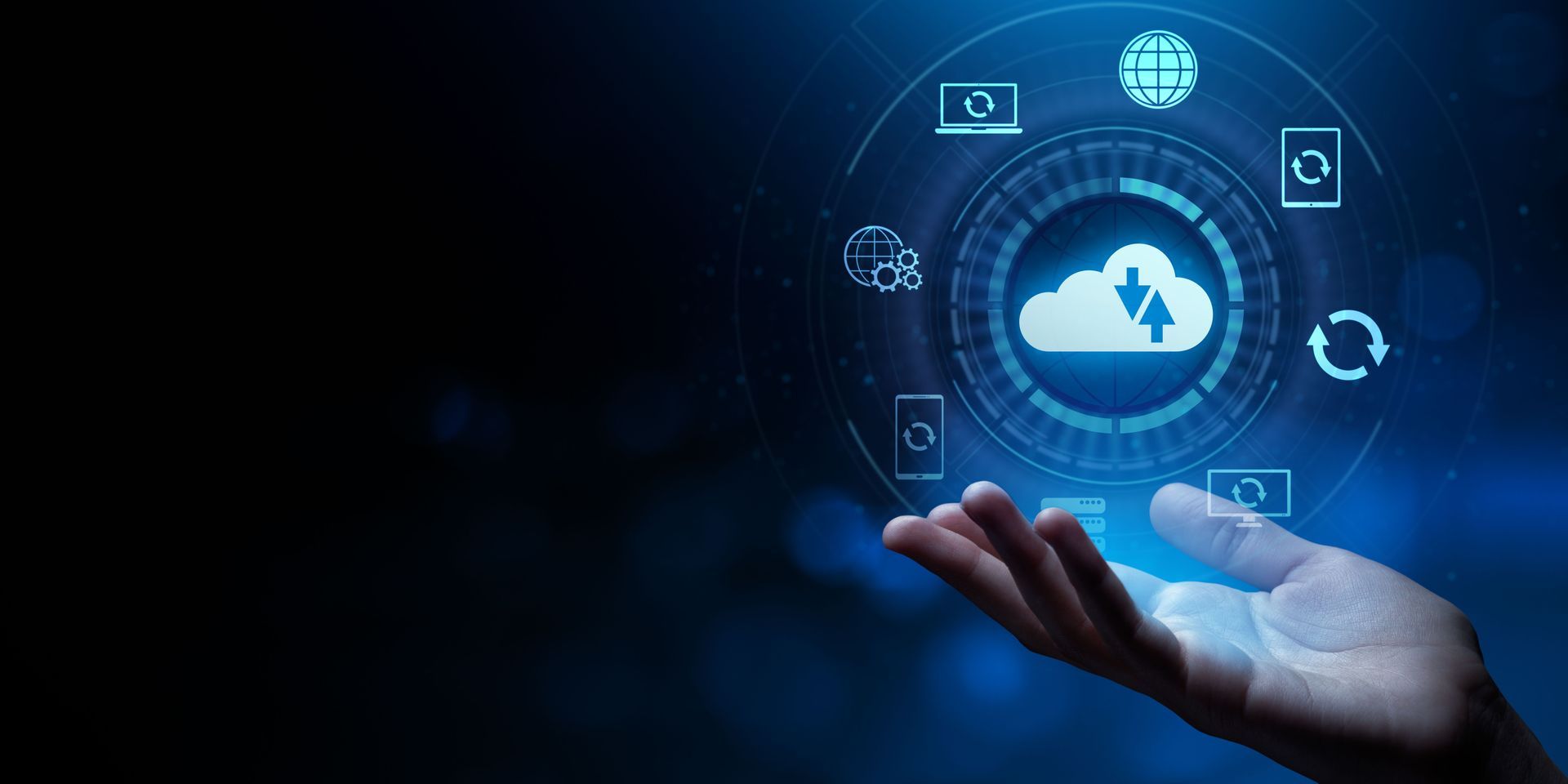 Cloud icon surrounded by other tech icons