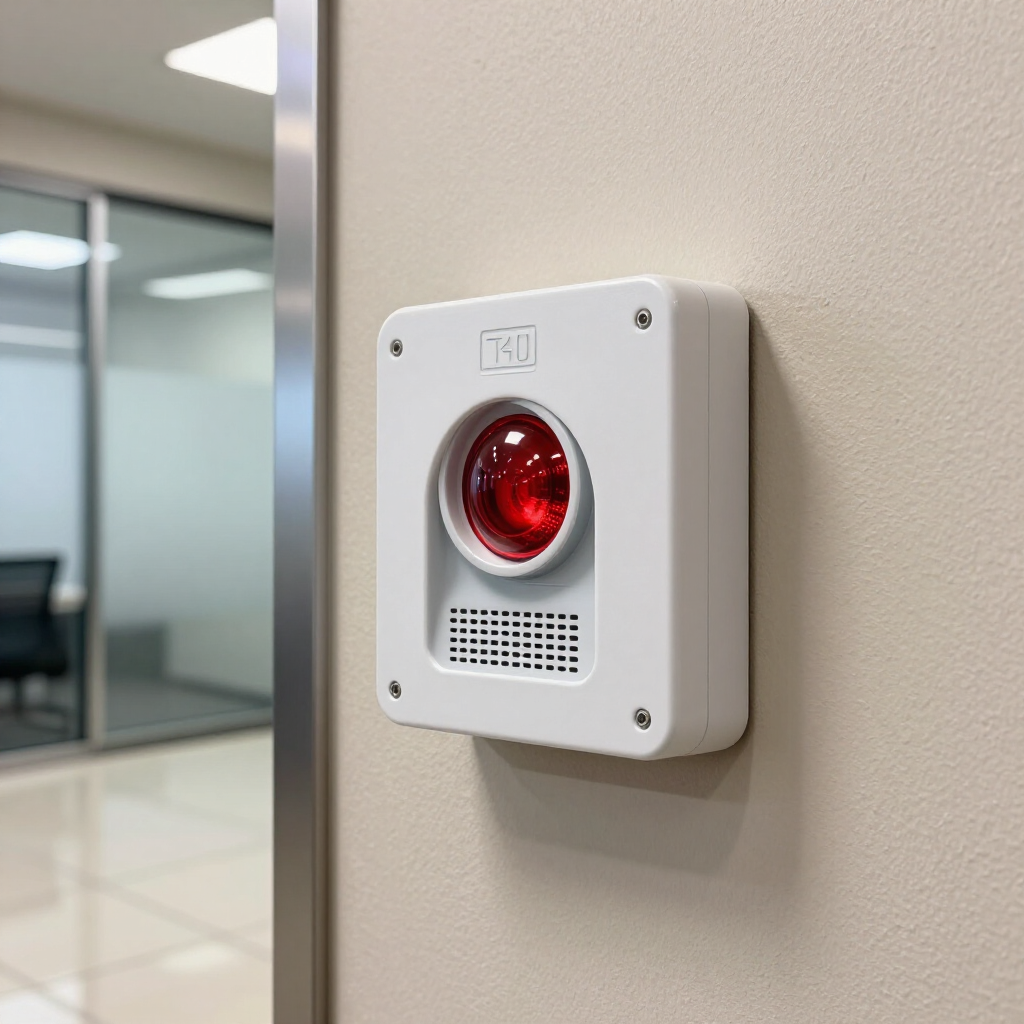 Wall-mounted white alarm device with a red lens in a modern office hallway.