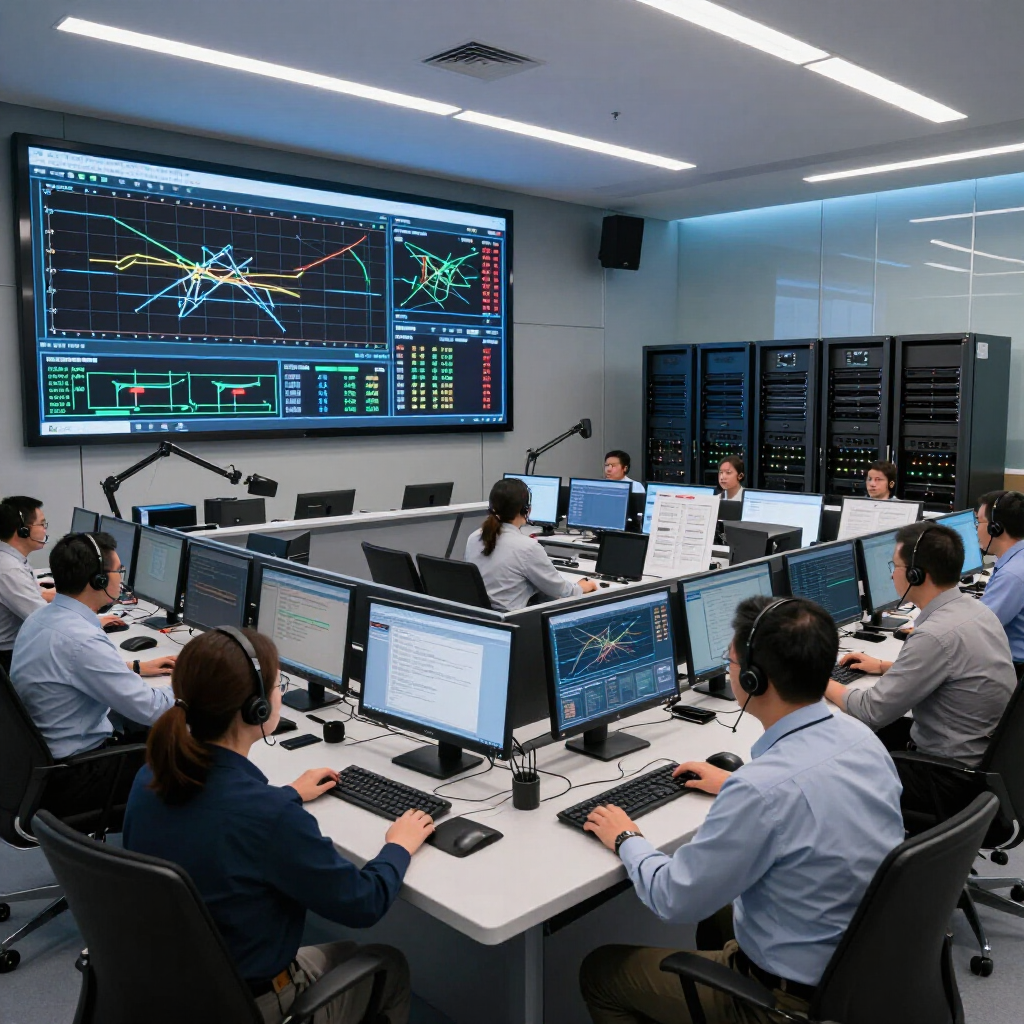 Modern control room with operators at computers monitoring large wall screens and server racks