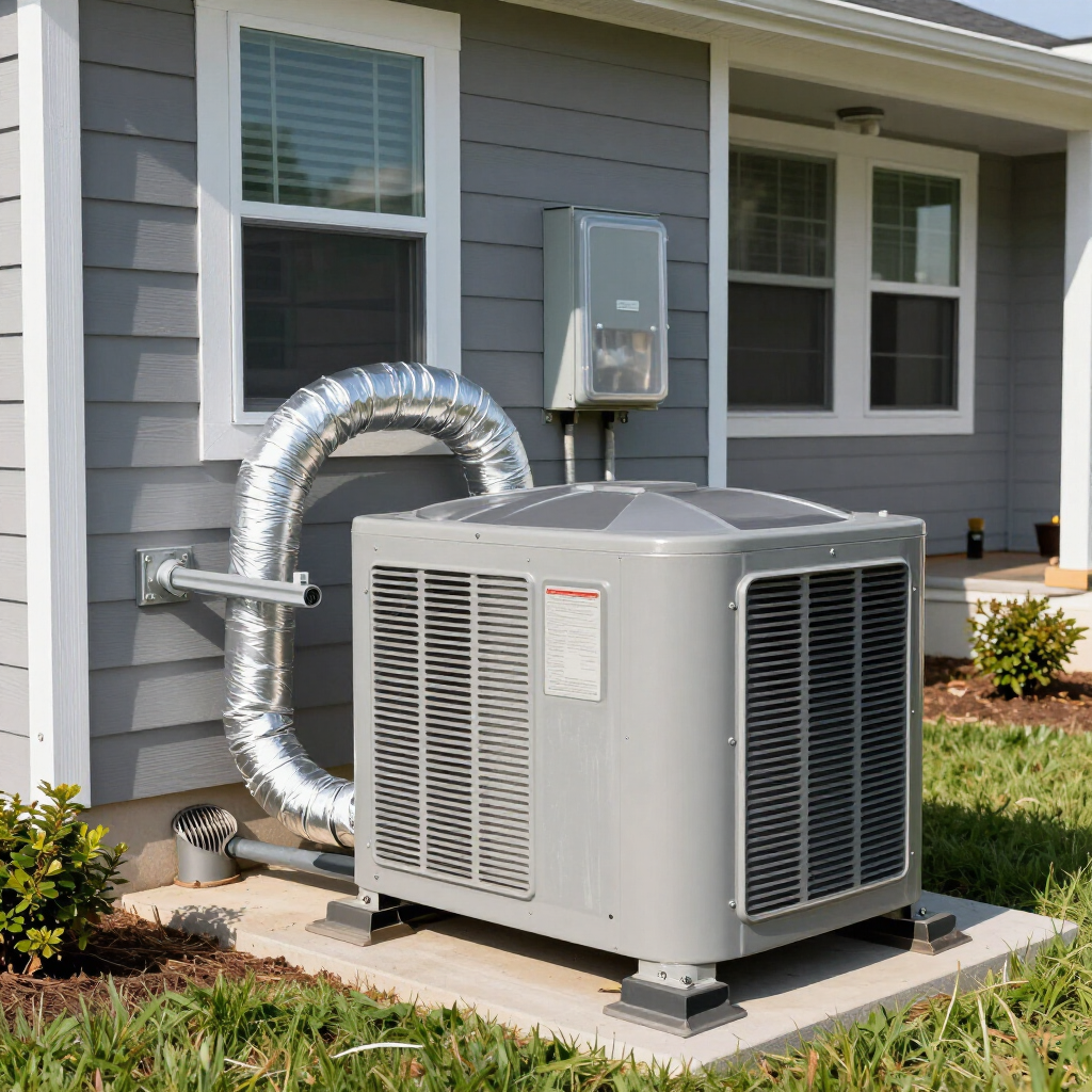 Outdoor air conditioning unit beside a house with silver insulated ducting and gray siding