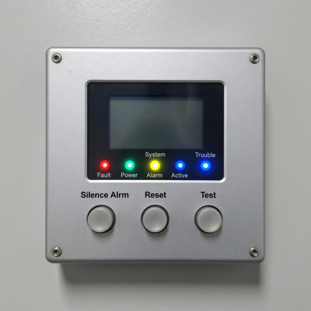 Wall-mounted fire alarm control panel with illuminated status lights and Silence Alarm, Reset, and Test buttons