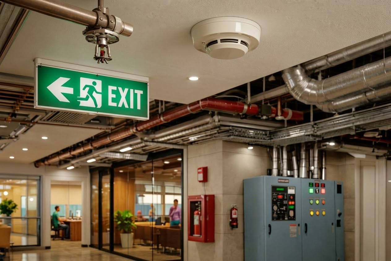 Red fire alarm pull box on a gray concrete wall with a fire extinguisher sign above it