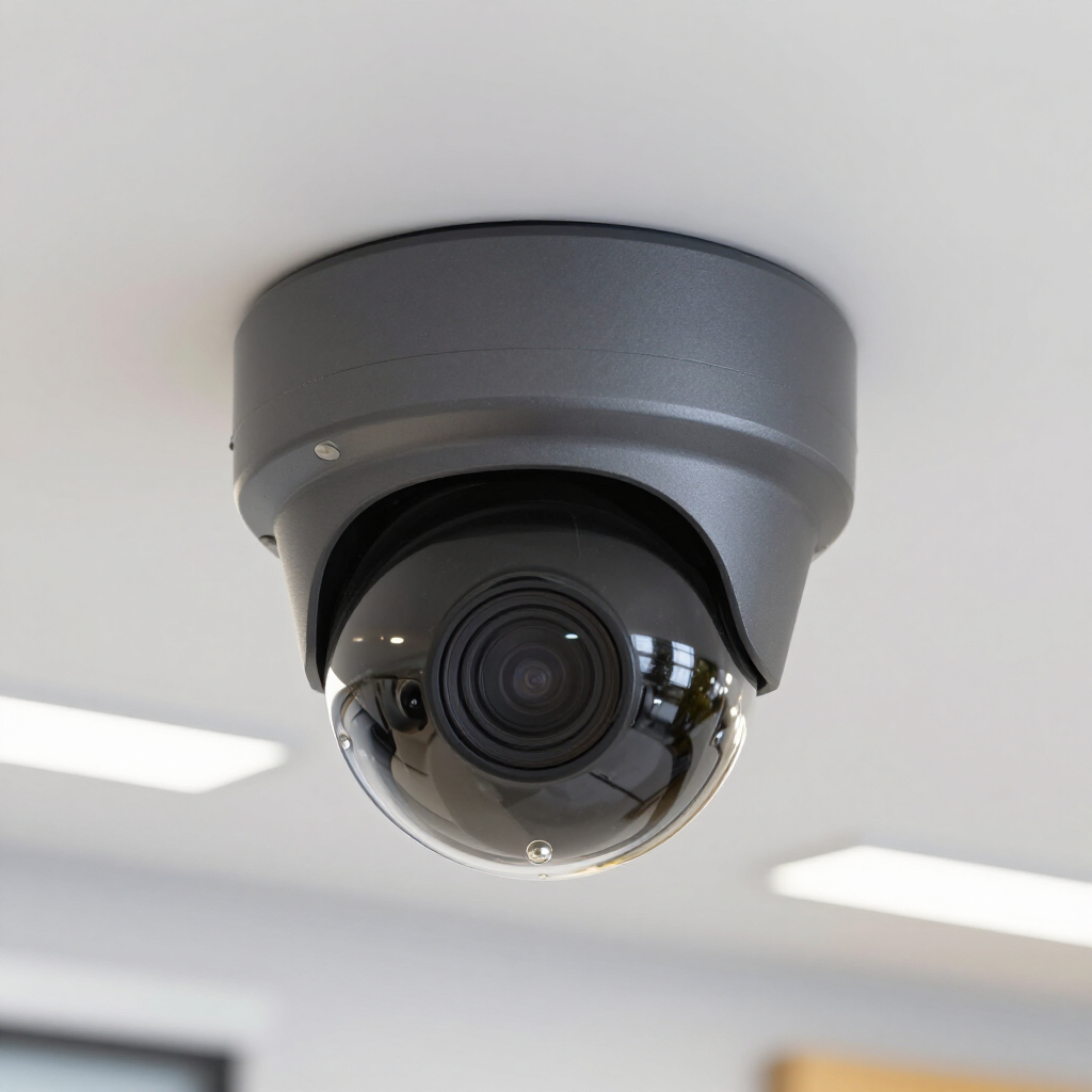 Dome security camera mounted on a ceiling, angled downward in a white room.