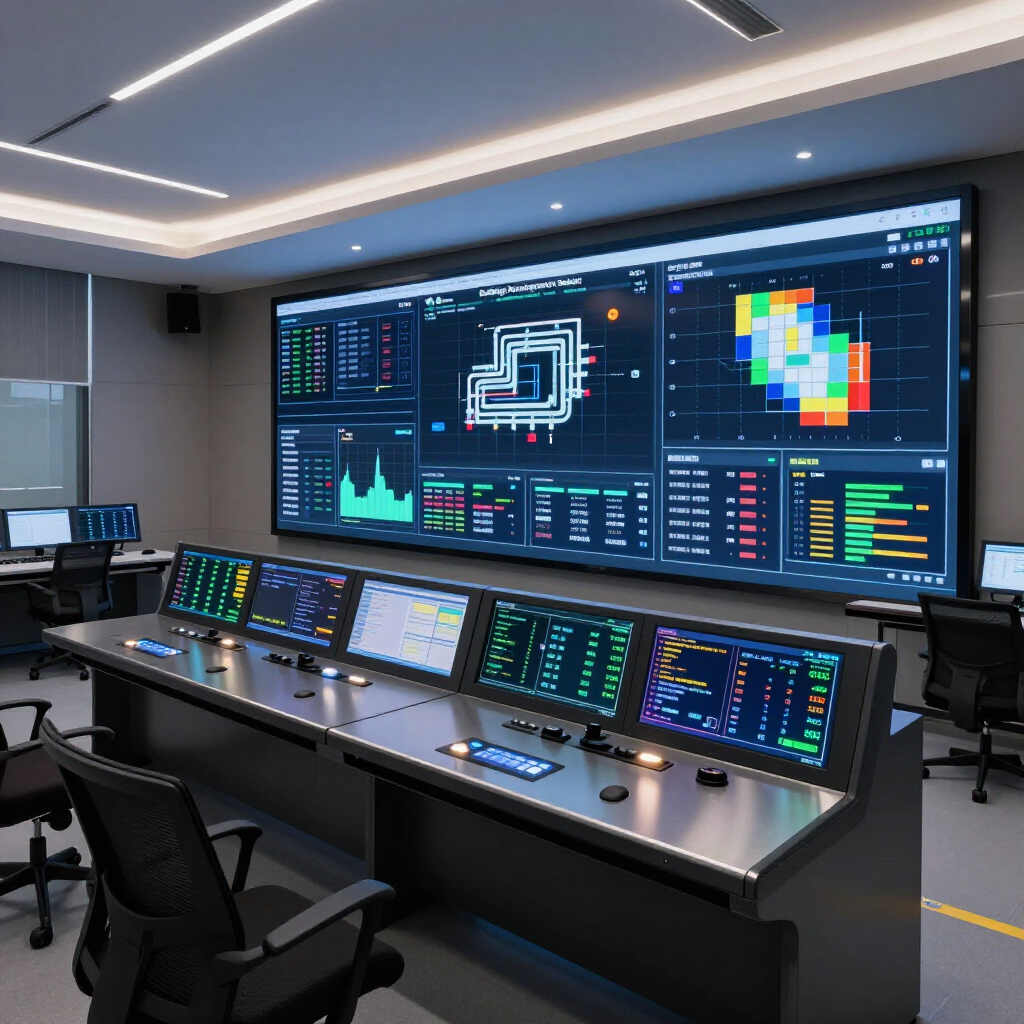 Modern control room with multiple monitors showing data dashboards and code on a sleek, empty workstation