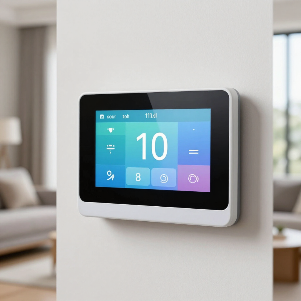 Wall-mounted smart thermostat with blue touchscreen on a white wall in a modern home