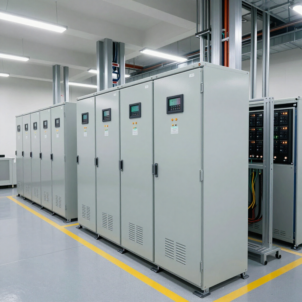 Rows of gray industrial control cabinets in a clean server room, with lit displays and cables visible.