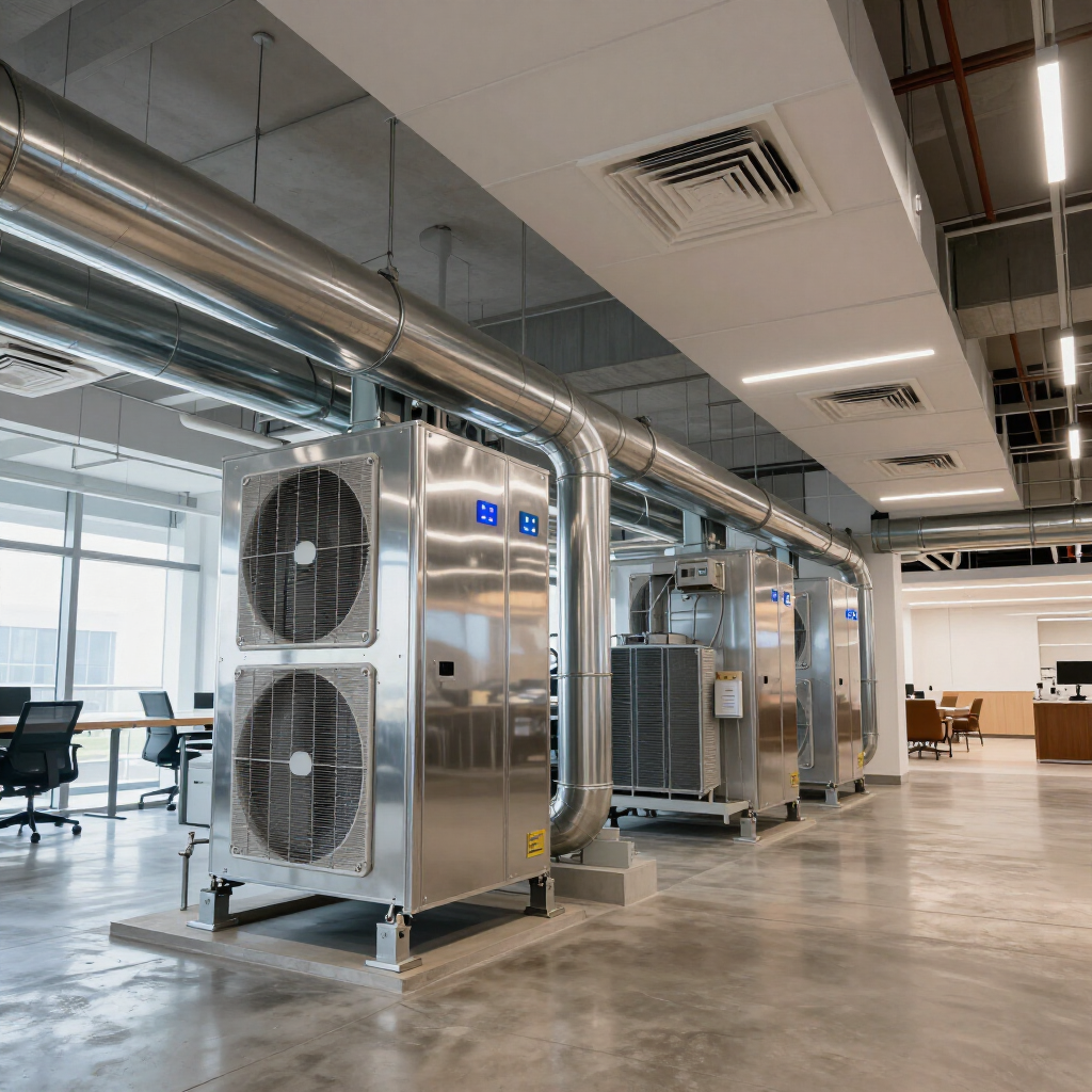 Modern office interior with large HVAC units, exposed ductwork, and glass-walled meeting areas