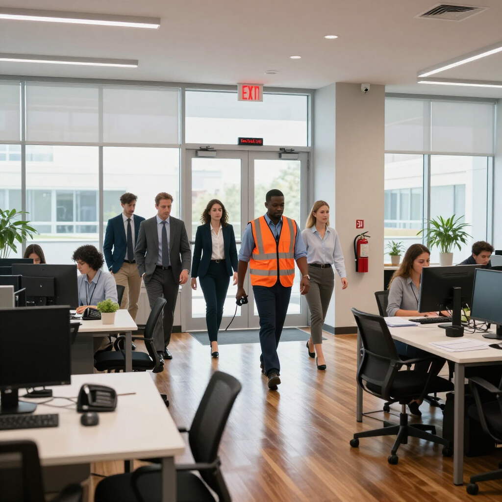 Office team walking through a bright open workspace, one wearing an orange safety vest