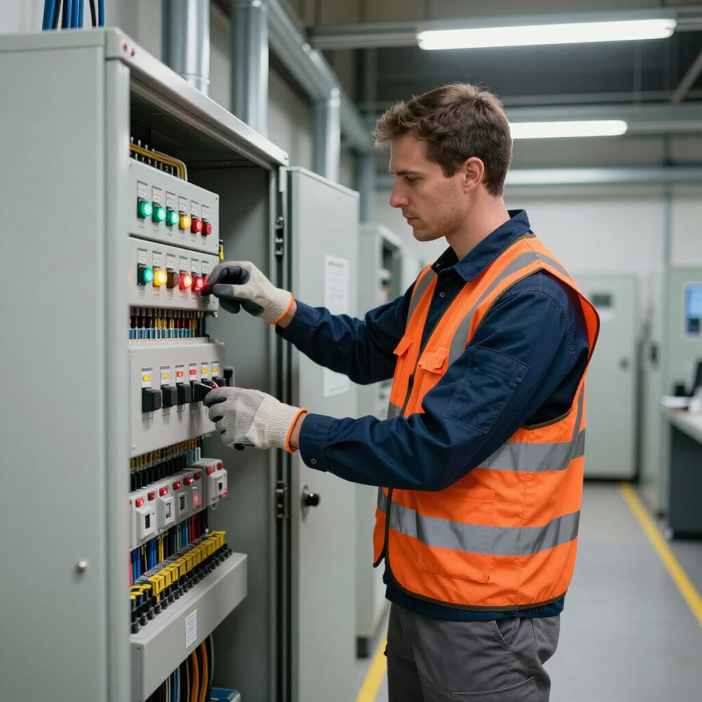 Technician in orange safety vest adjusting controls in an electrical panel room