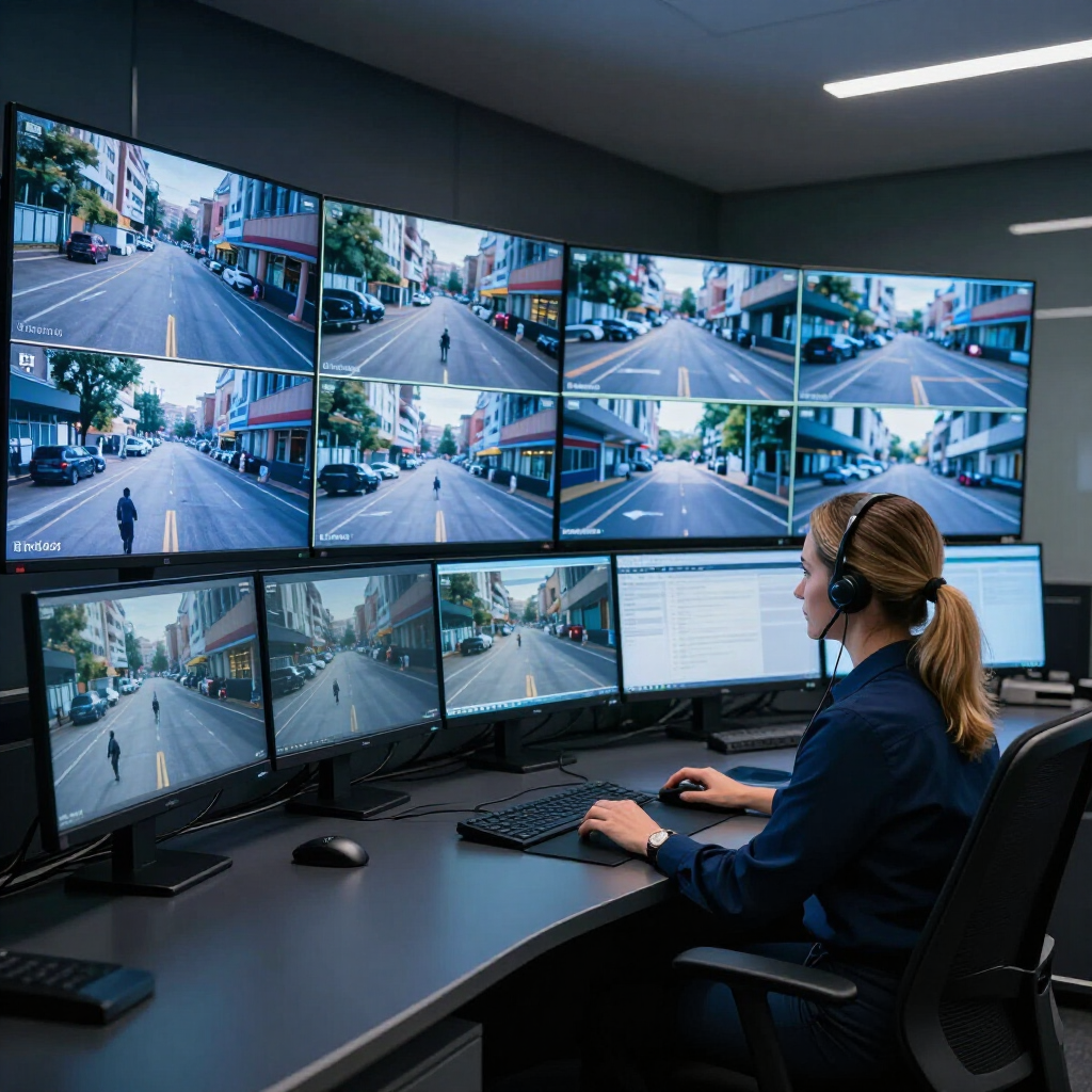 Security operator monitoring multiple street-camera feeds on a wall of screens in a control room