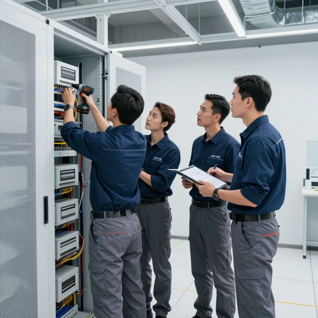 Technicians in blue uniforms inspecting electrical control panels in a bright server room