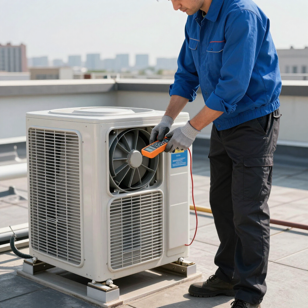 Technician inspecting an outdoor air conditioner unit on a rooftop, using tools.