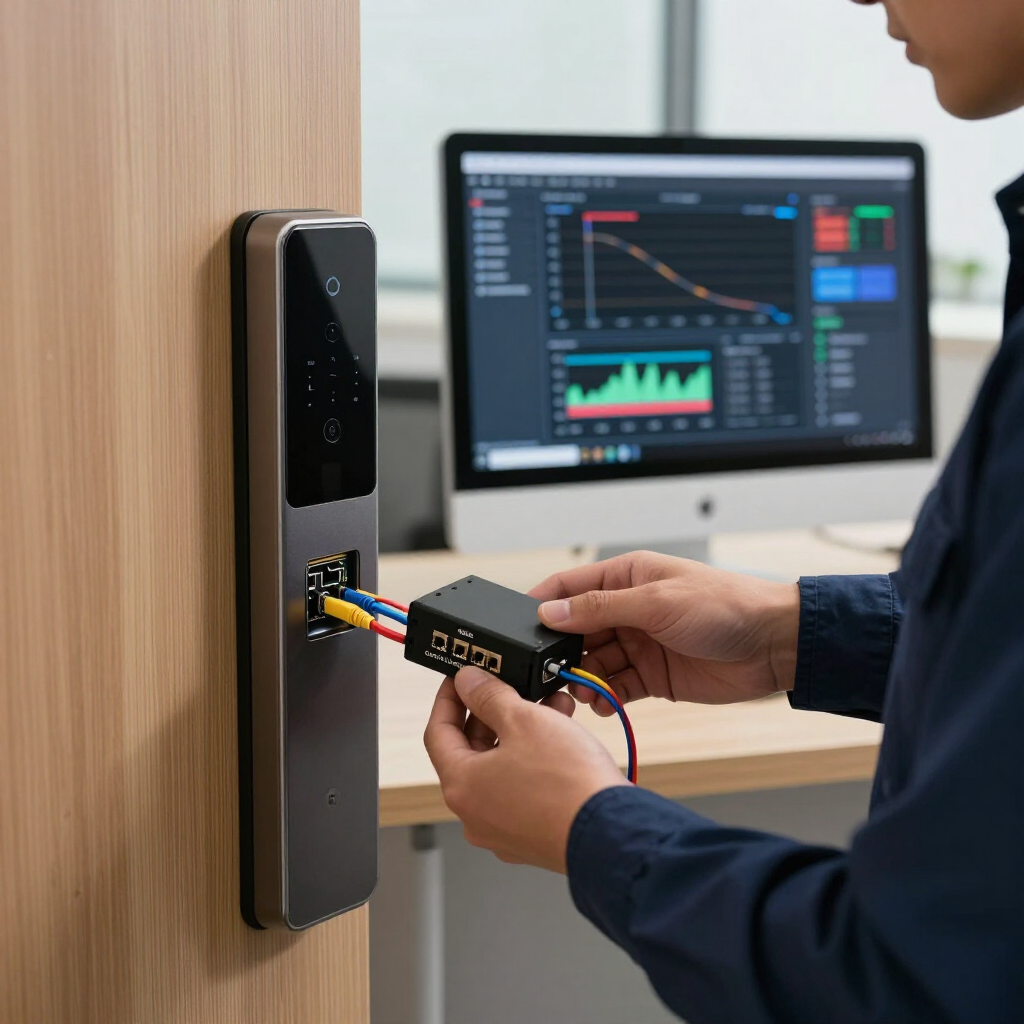 Technician connecting a device to a wall-mounted access panel beside a monitor with data charts