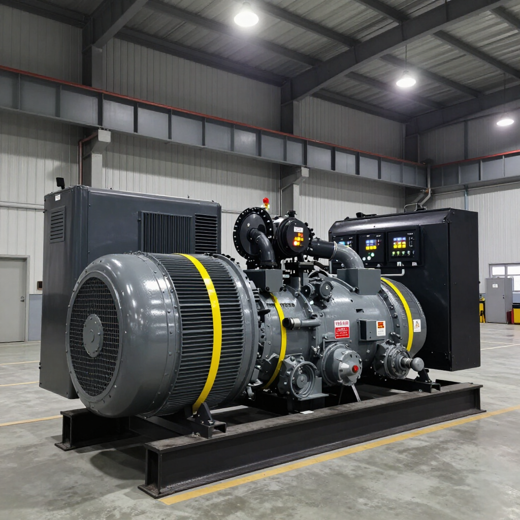 Large industrial generator set in a warehouse, with gray and black machinery on a steel frame.