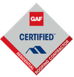 GAF Certified Residential Roofing Contractor badge: gray diamond with red accents, blue roof icon, and the word GAF Certified Residential Roofing Contractor badge: gray diamond with red accents, blue roof icon, and the word