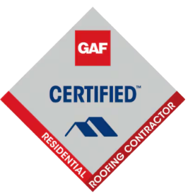GAF Certified Residential Roofing Contractor badge: gray diamond with red accents, blue roof icon, and the word GAF Certified Residential Roofing Contractor badge: gray diamond with red accents, blue roof icon, and the word