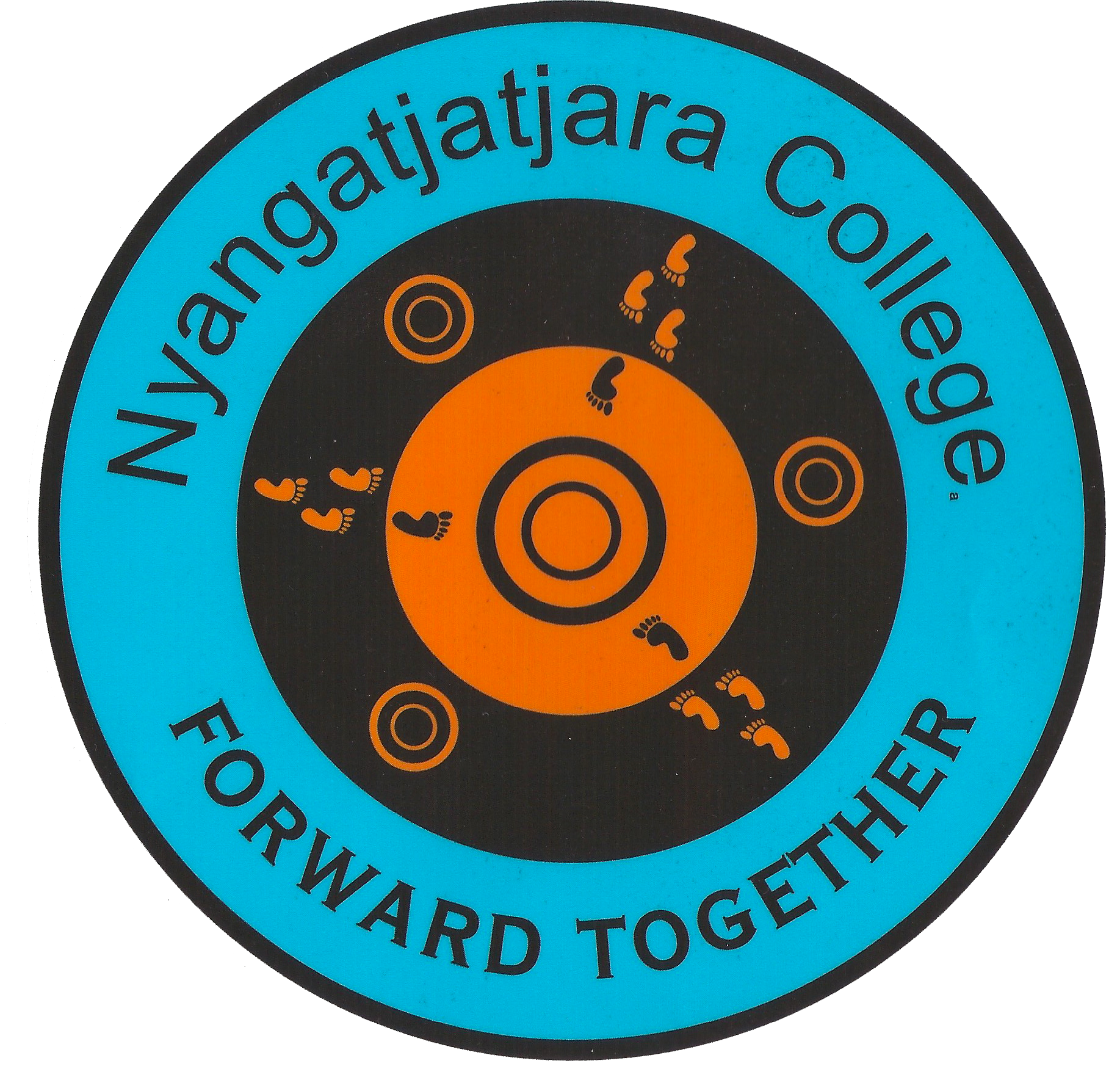 Nyangatjara College circular logo in blue, black, and orange with “Forward Together” text